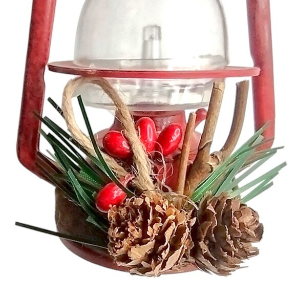 Vintage Red Metal Lantern Ornament With Pinecone & Berry Decoration Large 6" - Picture 3 of 9